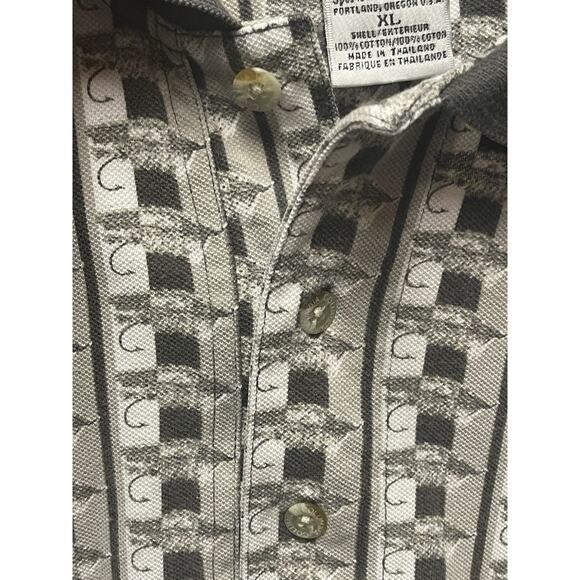 Columbia Men Polo Shirt XL Fishing Tackle Bait Allover Print Collar Grey White - Picture 8 of 11